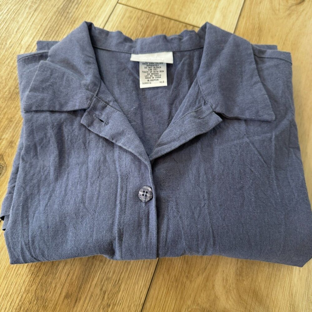 Blair XL Linen Cotton Dusty Blue Button Front Short Sleeve Top Beach Casual - Picture 15 of 15